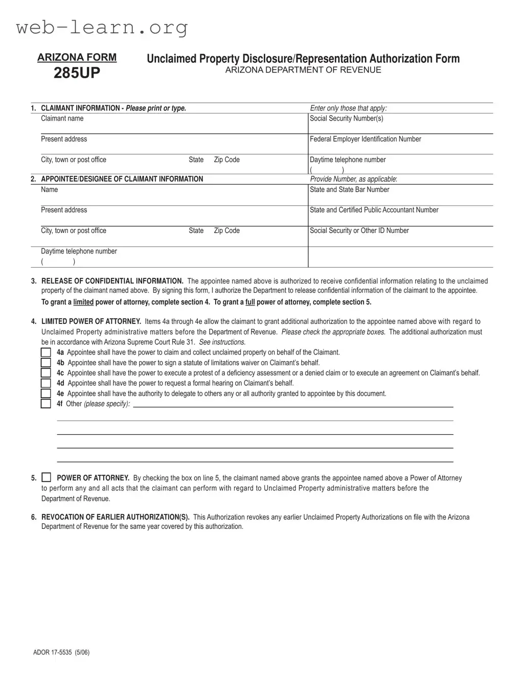 Blank Arizona 285Up Form