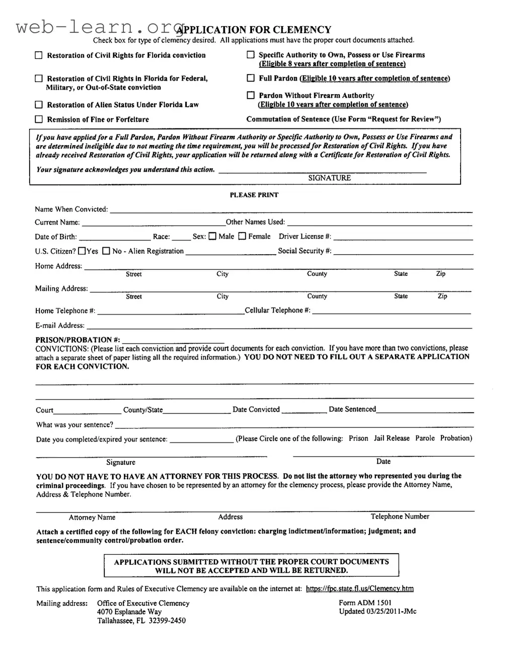 Blank Florida Clemency Application Form