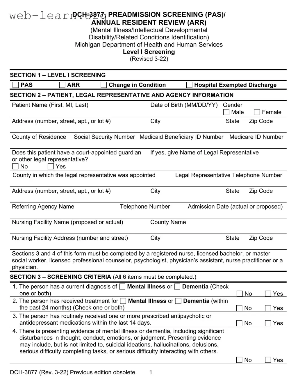 Blank Michigan Dch 3877 Form