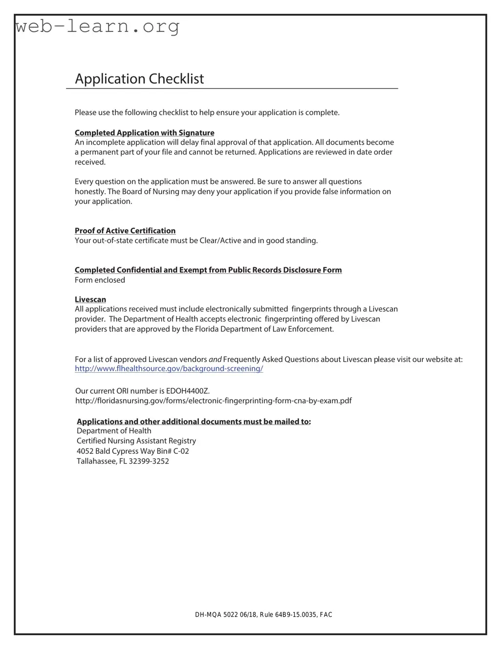 Blank Cna License To Florida Form