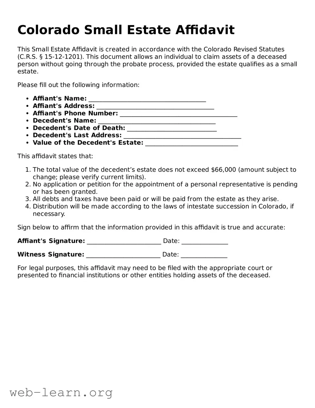 Attorney-Approved Small Estate Affidavit Document for the State of Colorado