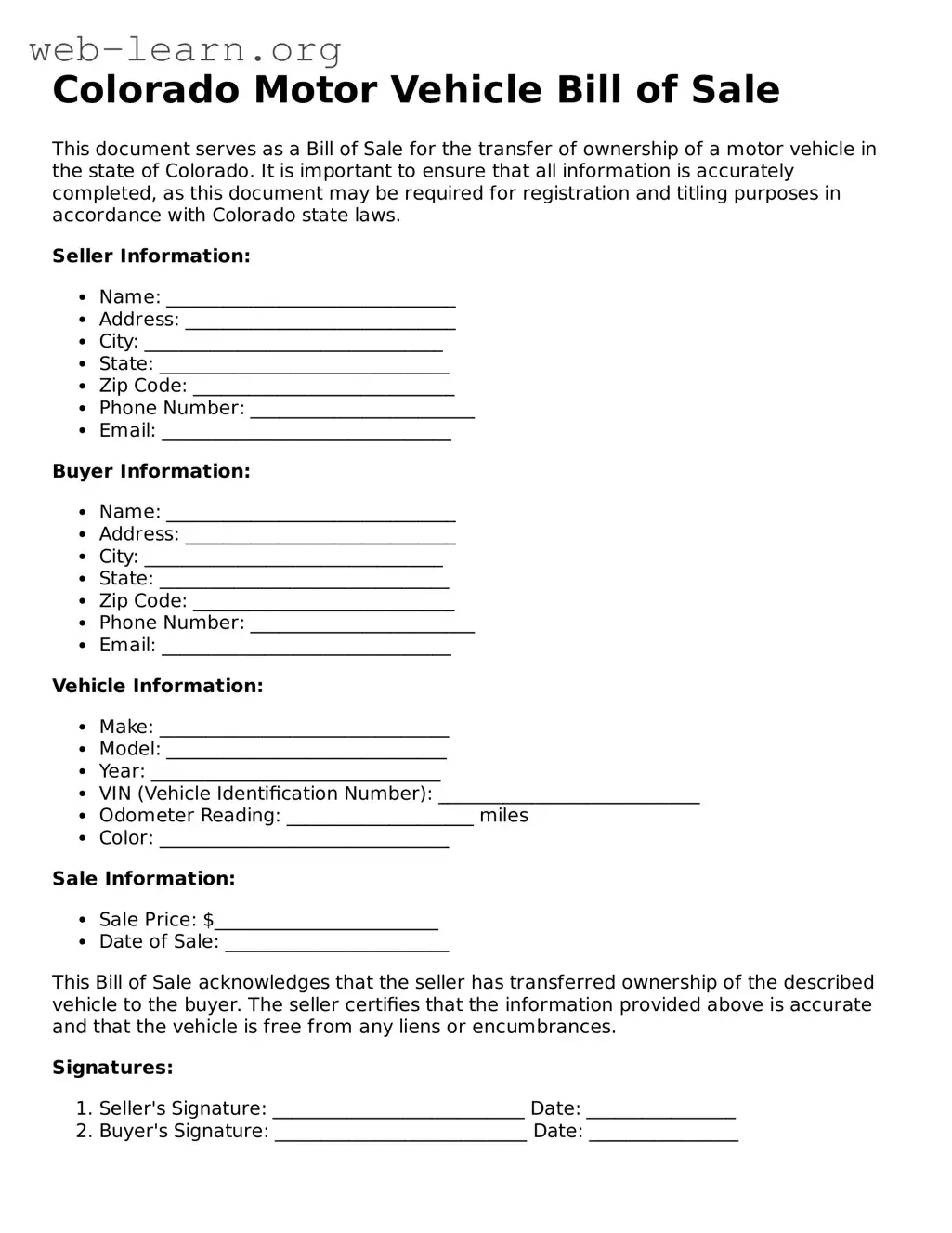 Attorney-Approved Motor Vehicle Bill of Sale Document for the State of Colorado