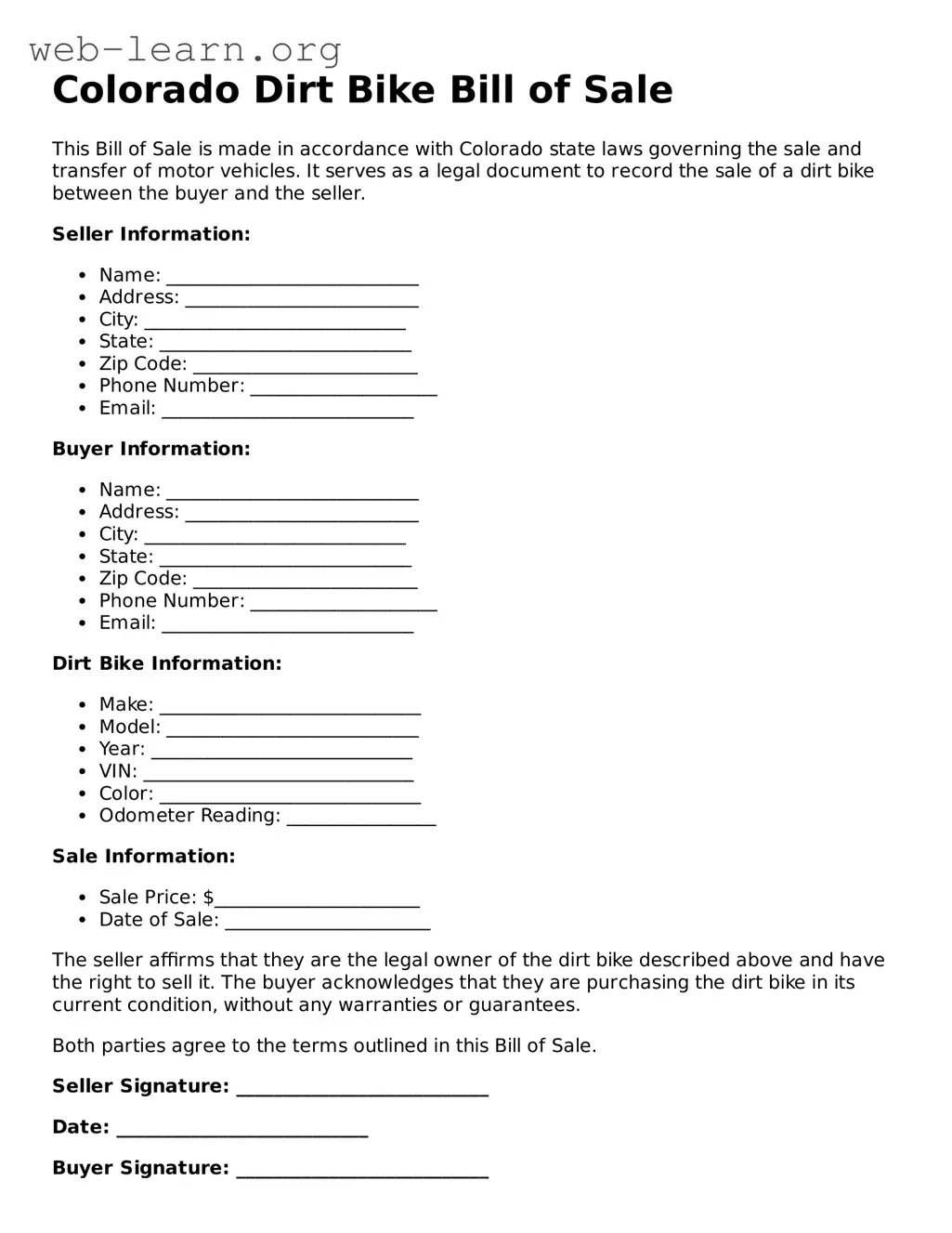Attorney-Approved Dirt Bike Bill of Sale Document for the State of Colorado