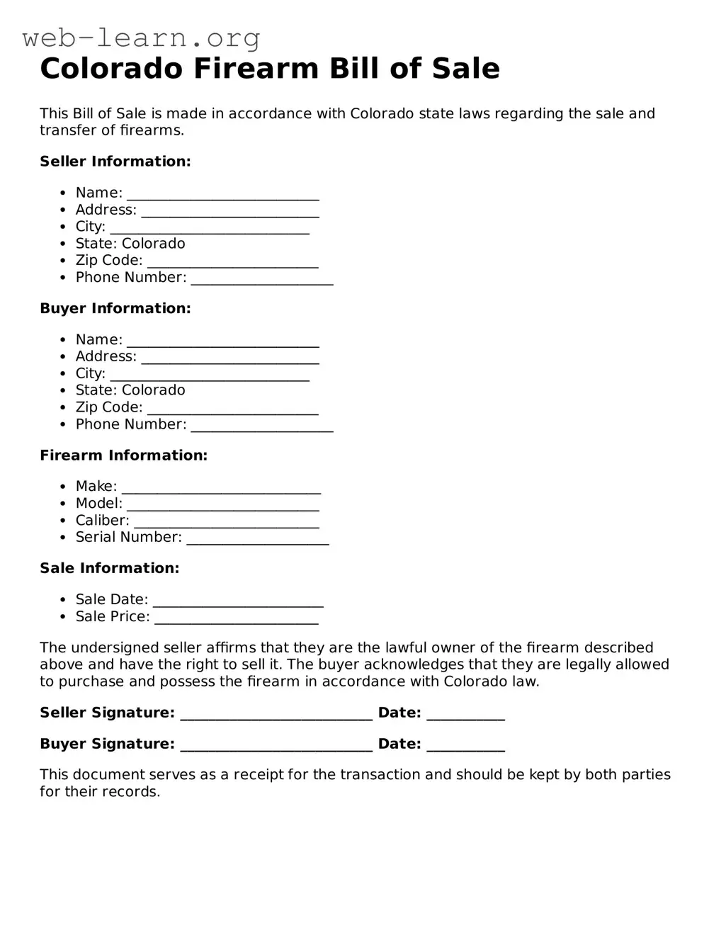 Attorney-Approved Firearm Bill of Sale Document for the State of Colorado