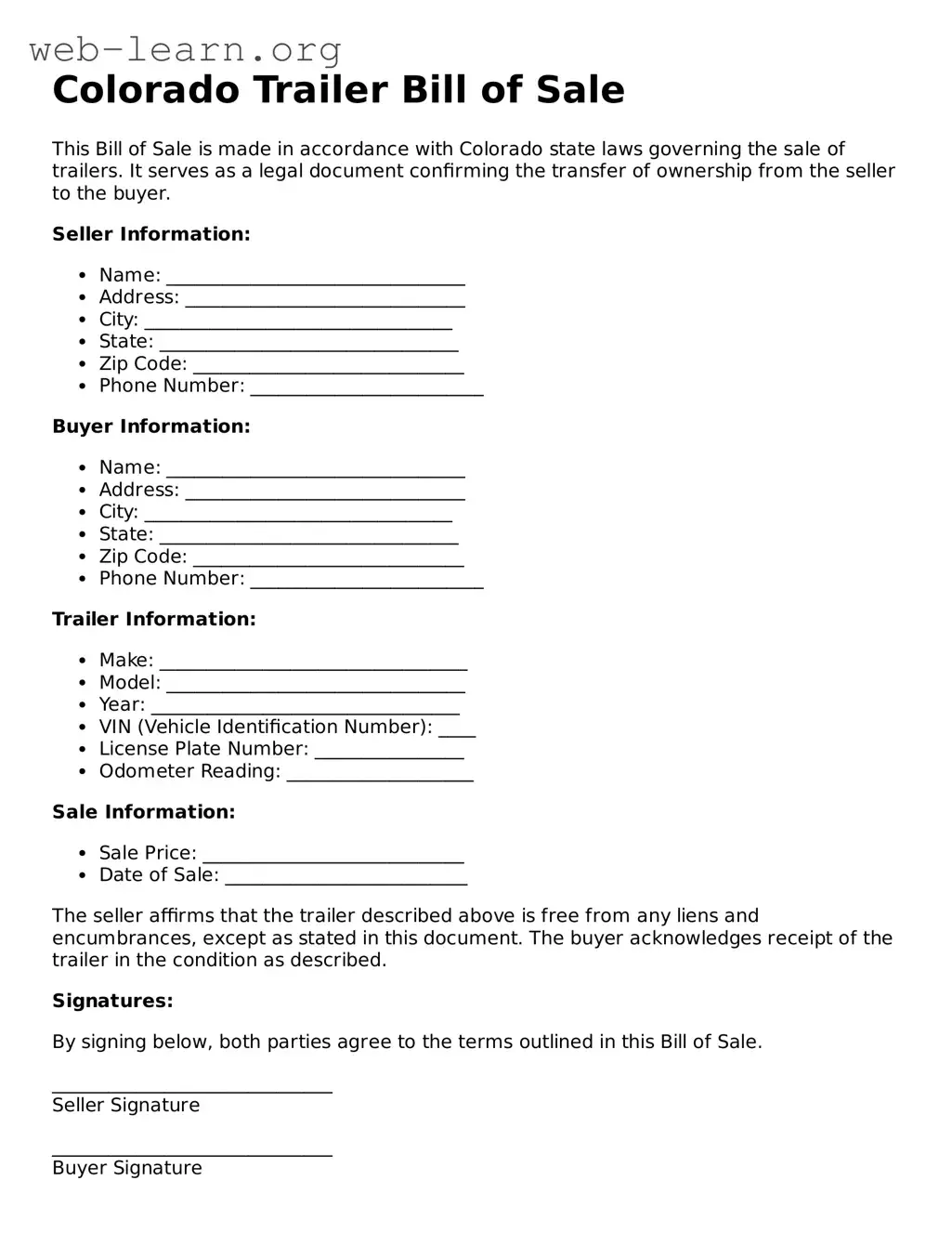 Attorney-Approved Trailer Bill of Sale Document for the State of Colorado