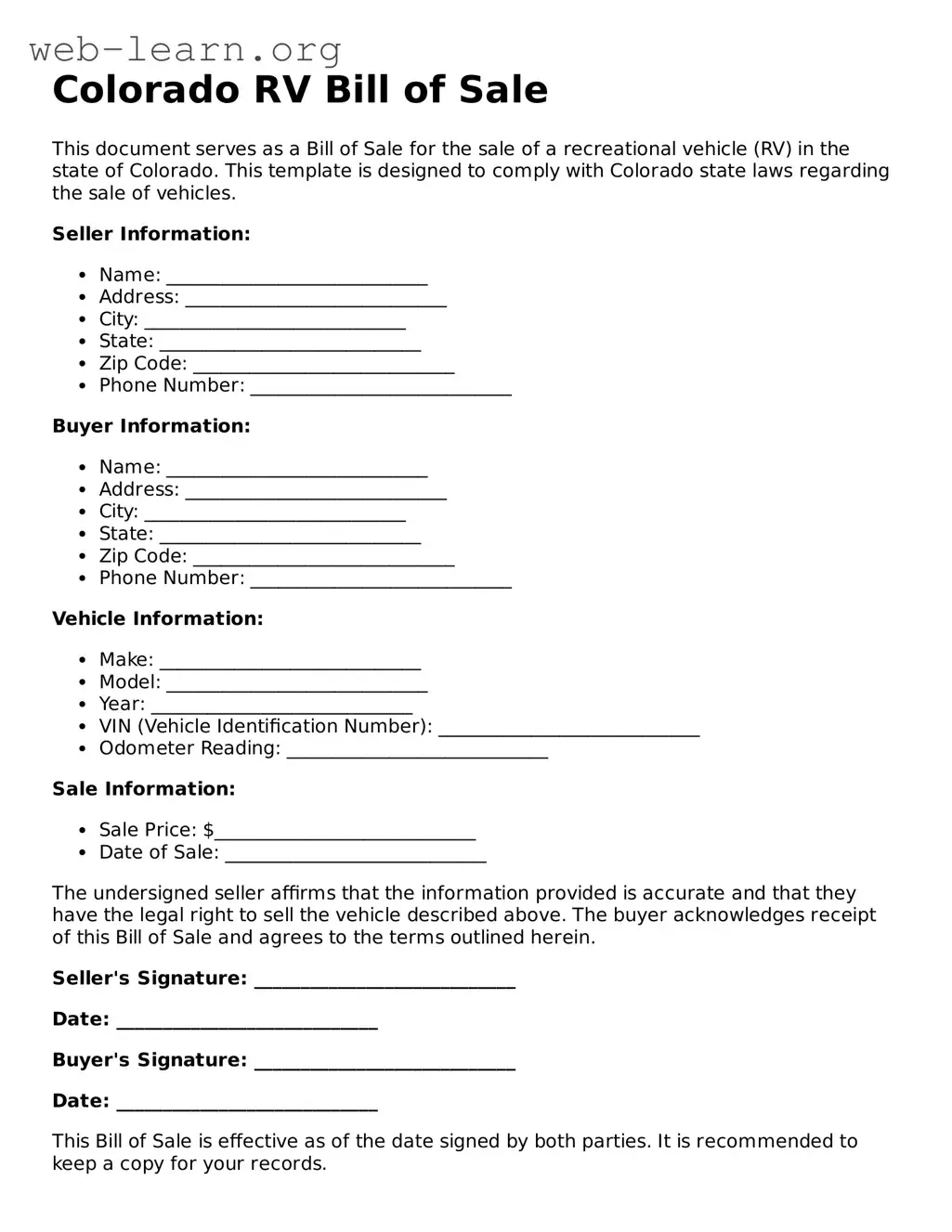 Attorney-Approved RV Bill of Sale Document for the State of Colorado