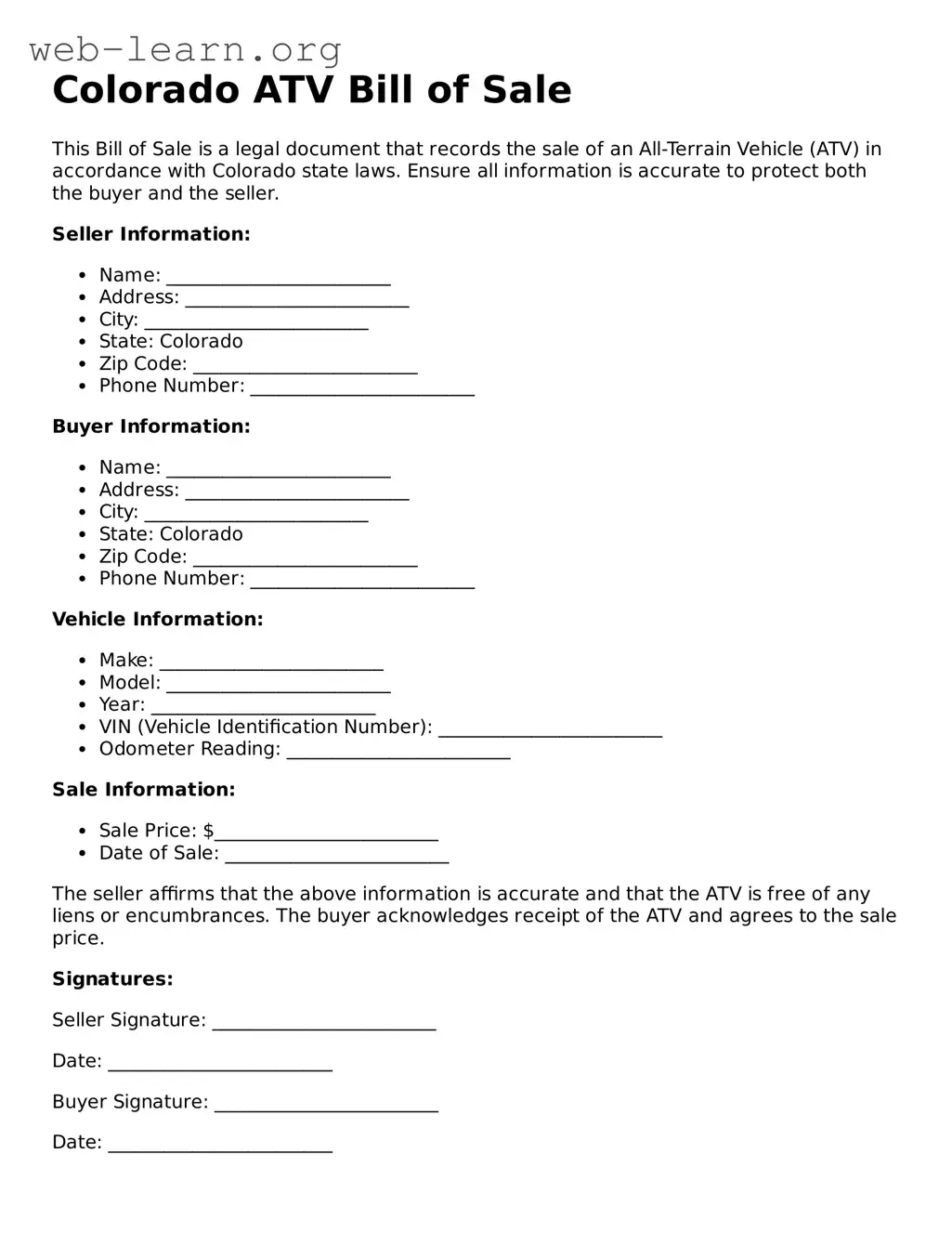 Attorney-Approved ATV Bill of Sale Document for the State of Colorado