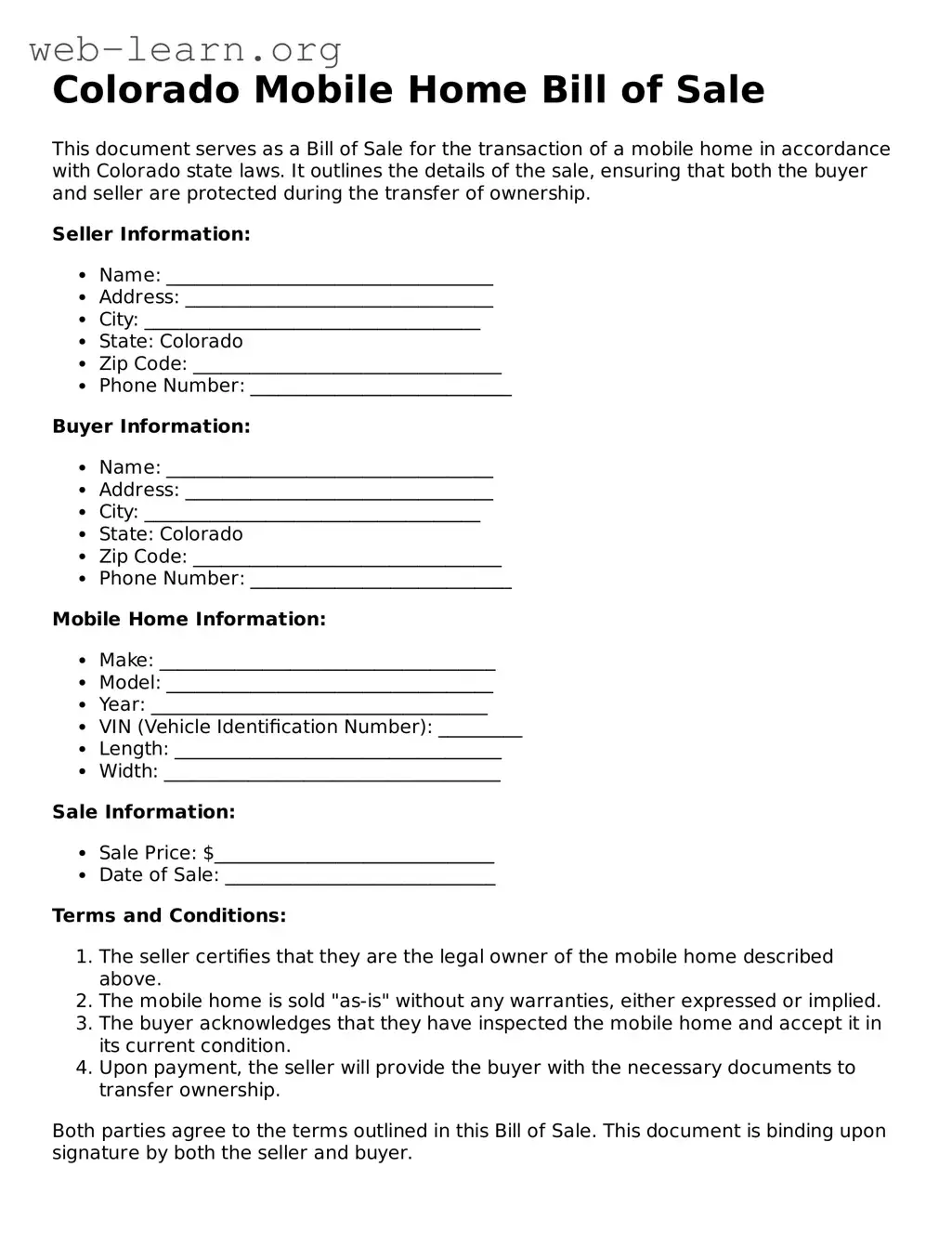 Attorney-Approved Mobile Home Bill of Sale Document for the State of Colorado