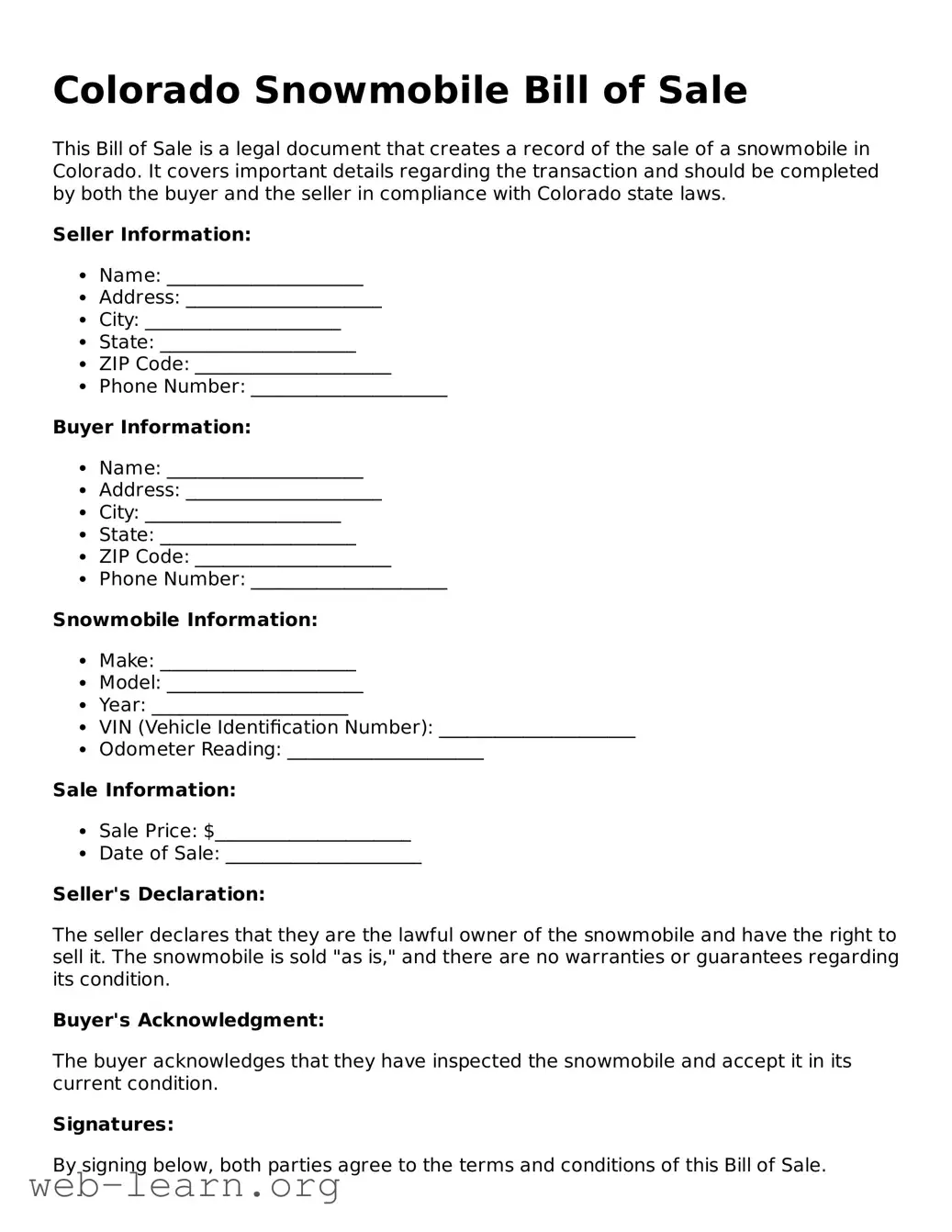Attorney-Approved Snowmobile Bill of Sale Document for the State of Colorado