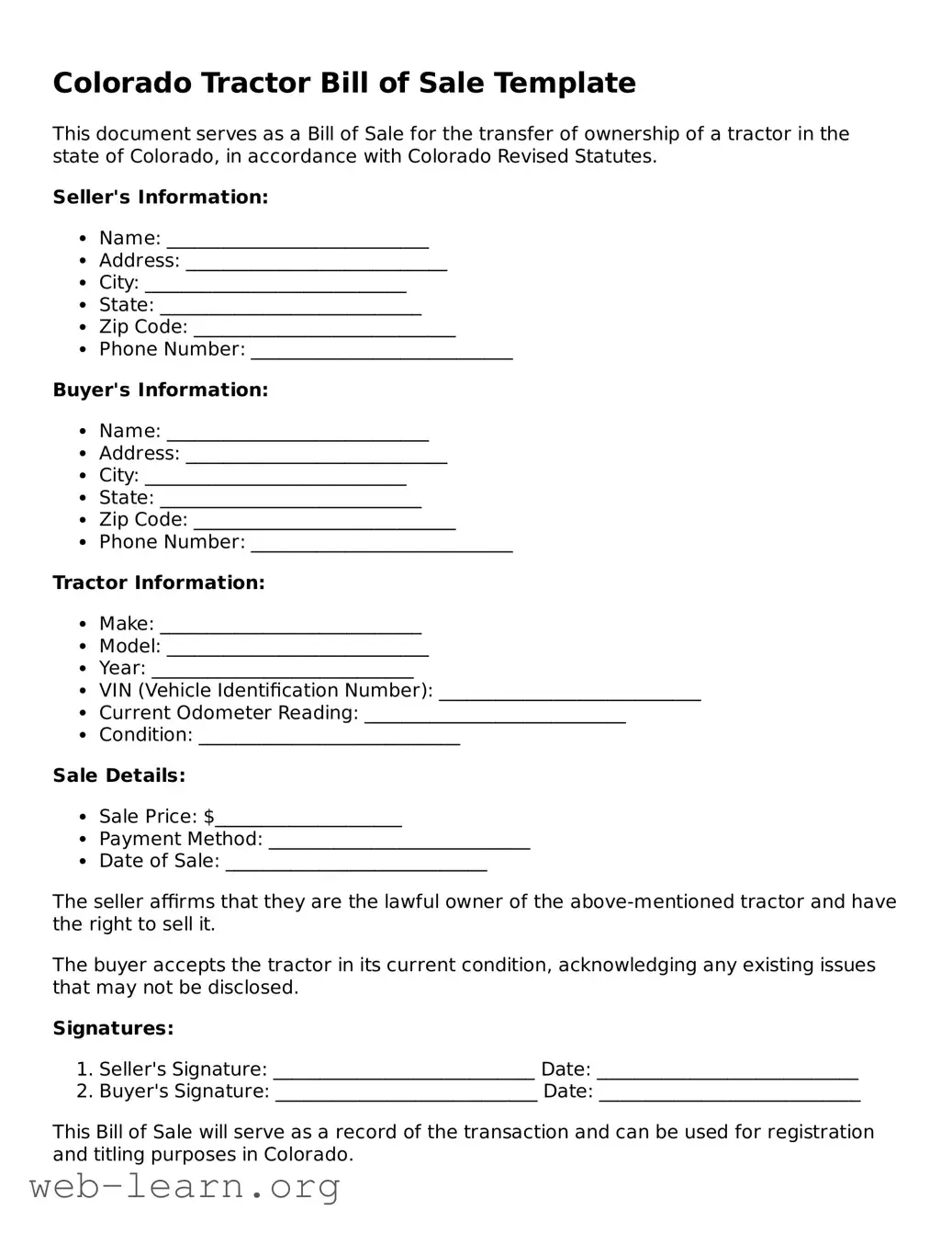 Attorney-Approved Tractor Bill of Sale Document for the State of Colorado