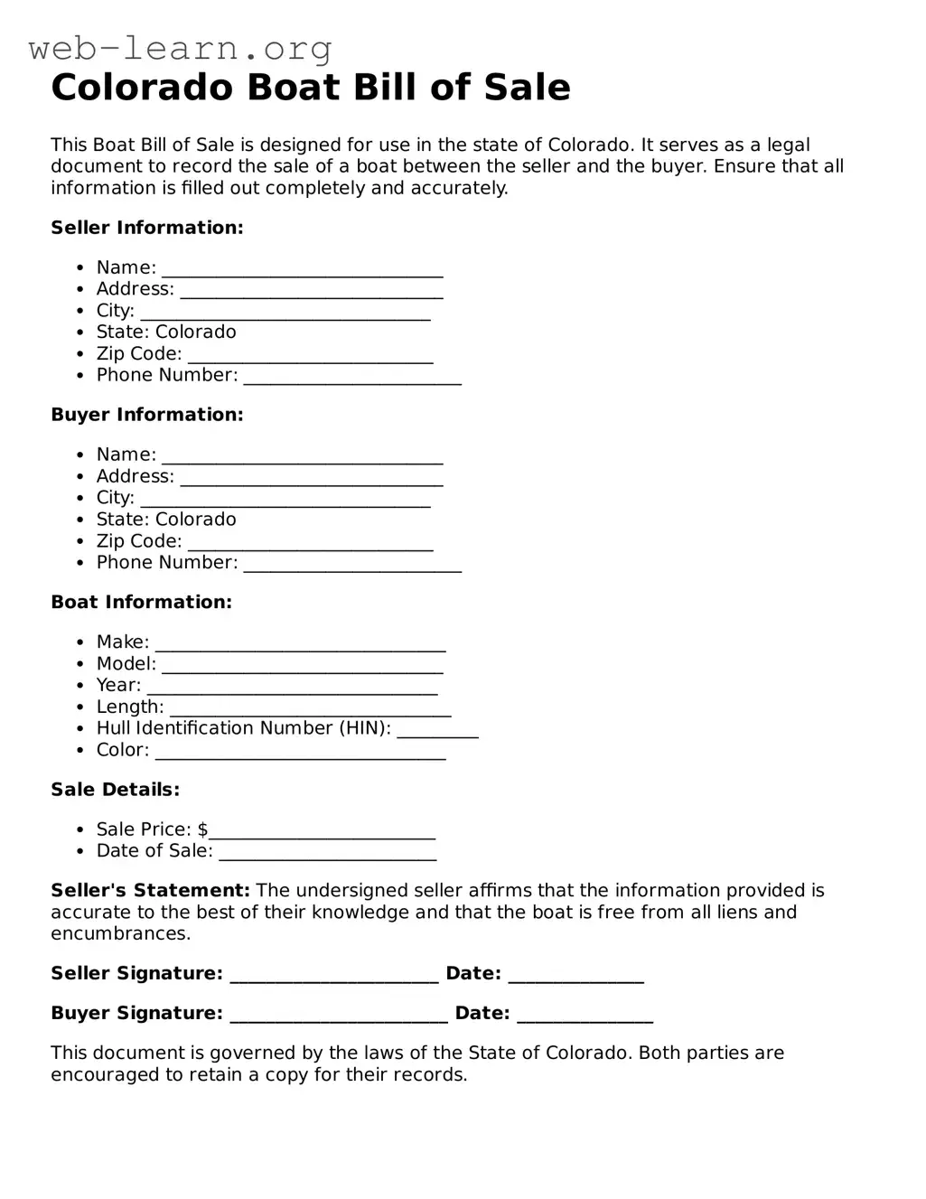 Attorney-Approved Boat Bill of Sale Document for the State of Colorado