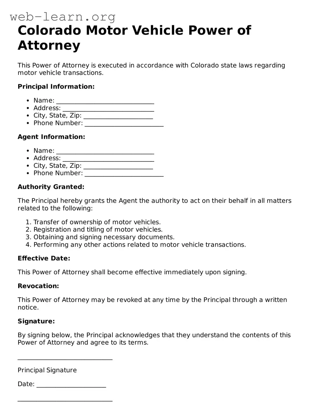 Attorney-Approved Motor Vehicle Power of Attorney Document for the State of Colorado