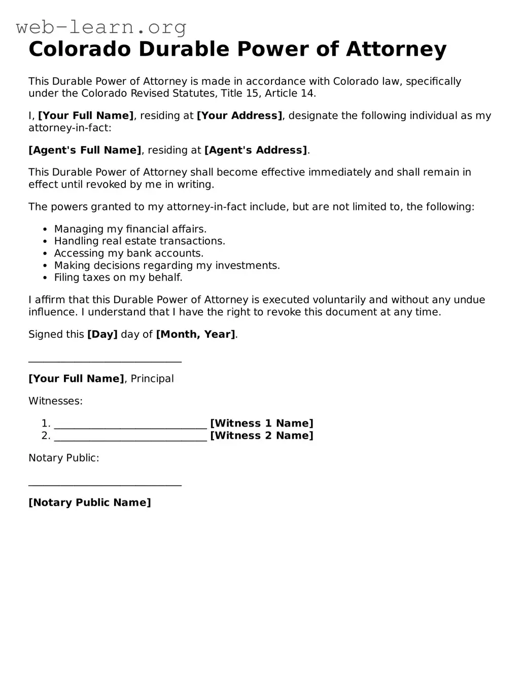 Attorney-Approved Durable Power of Attorney Document for the State of Colorado