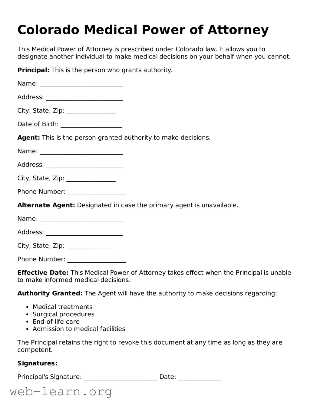 Attorney-Approved Medical Power of Attorney Document for the State of Colorado