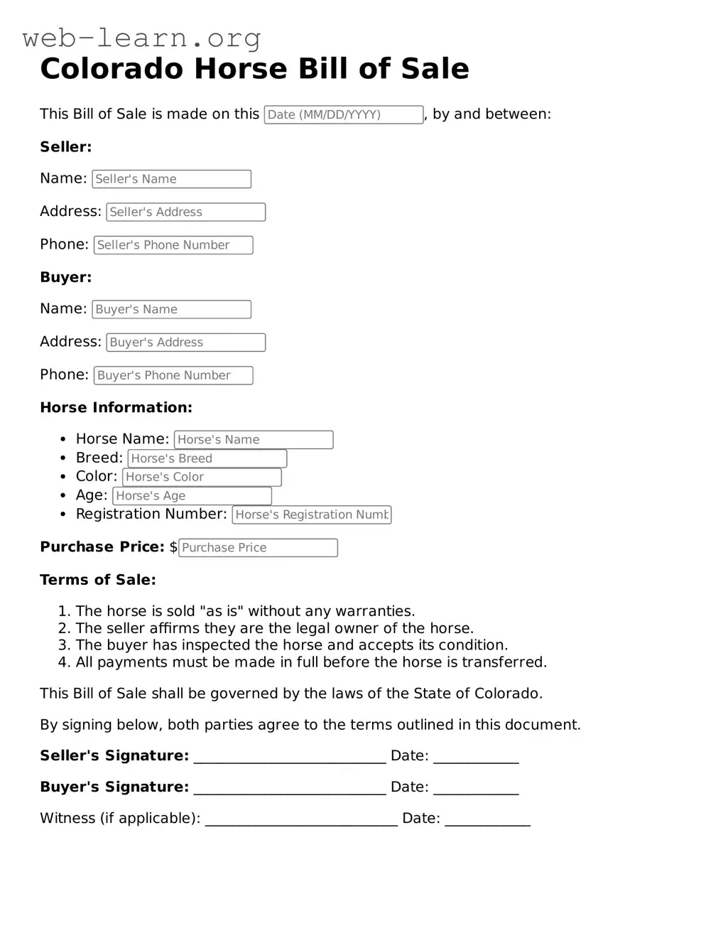 Attorney-Approved Horse Bill of Sale Document for the State of Colorado