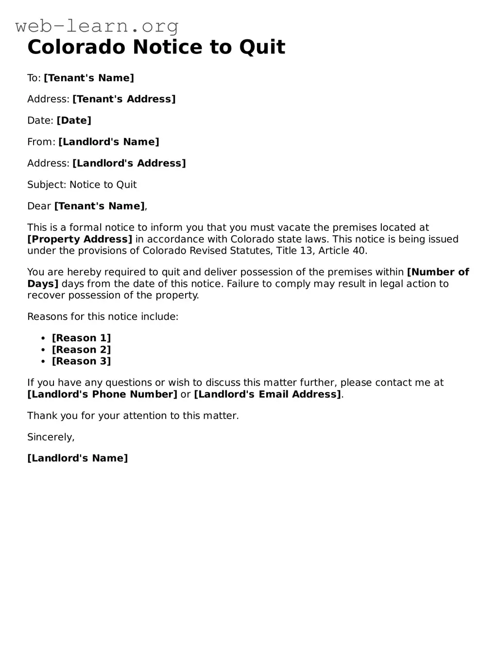 Attorney-Approved Notice to Quit Document for the State of Colorado