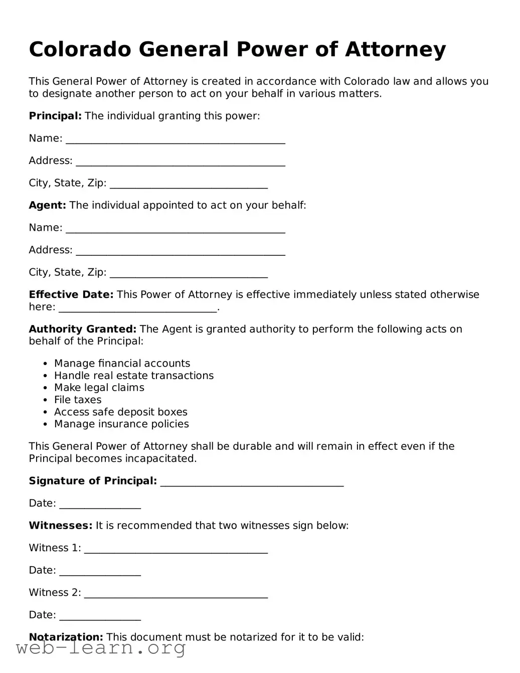 Attorney-Approved General Power of Attorney Document for the State of Colorado