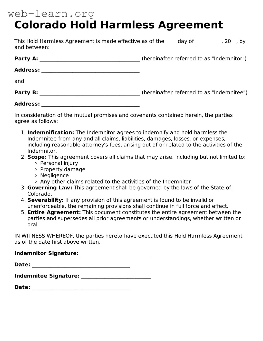 Attorney-Approved Hold Harmless Agreement Document for the State of Colorado