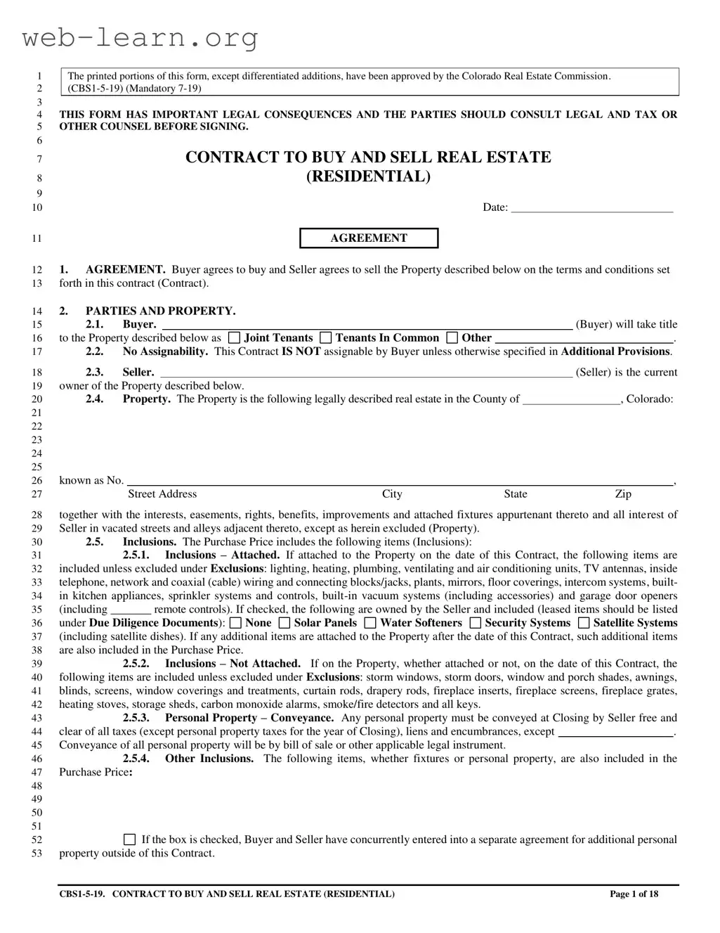 Blank Colorado Contract Real Residential Form