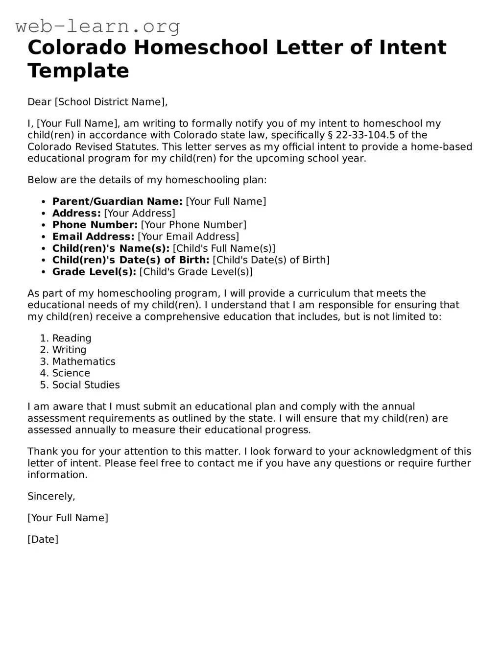 Attorney-Approved Homeschool Letter of Intent Document for the State of Colorado