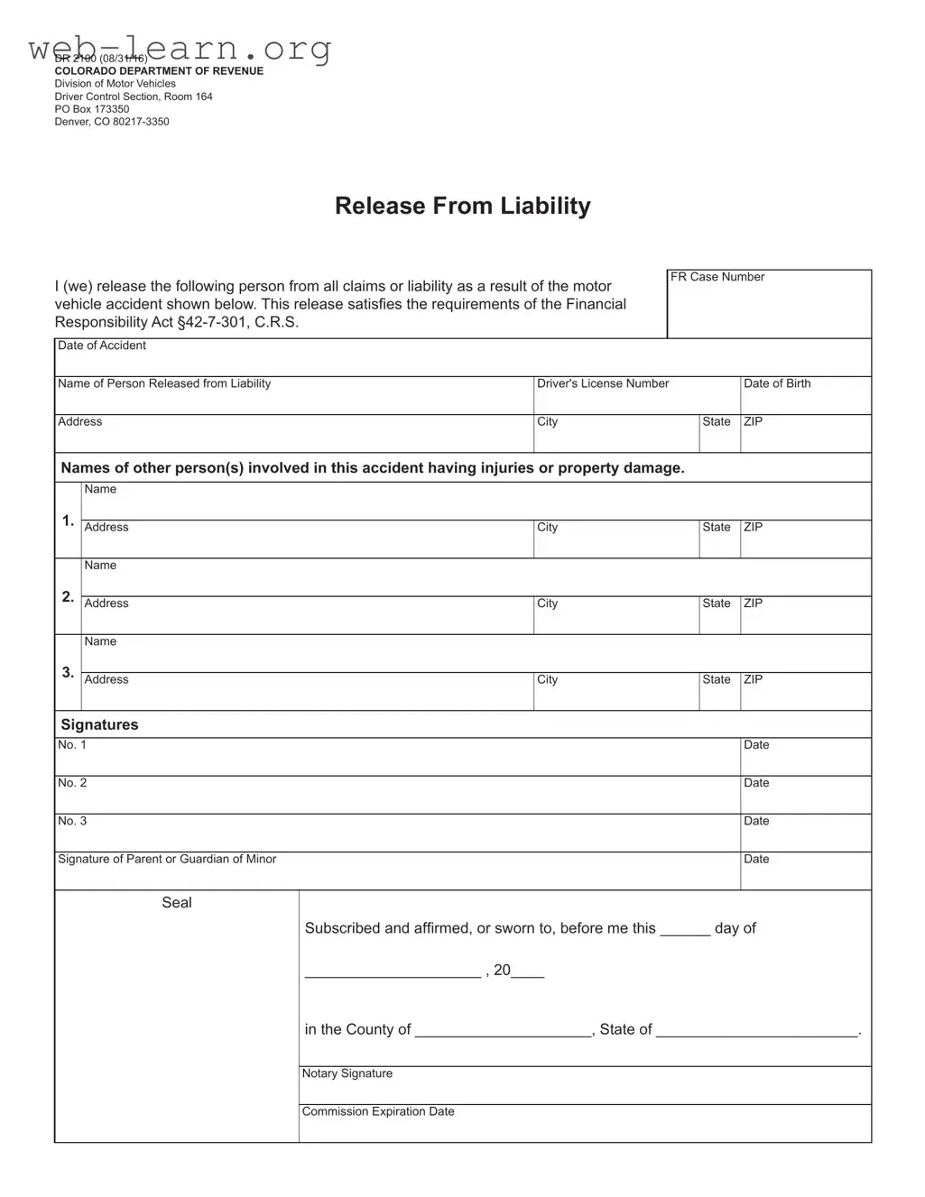 Blank Colorado Dr 2100 Form