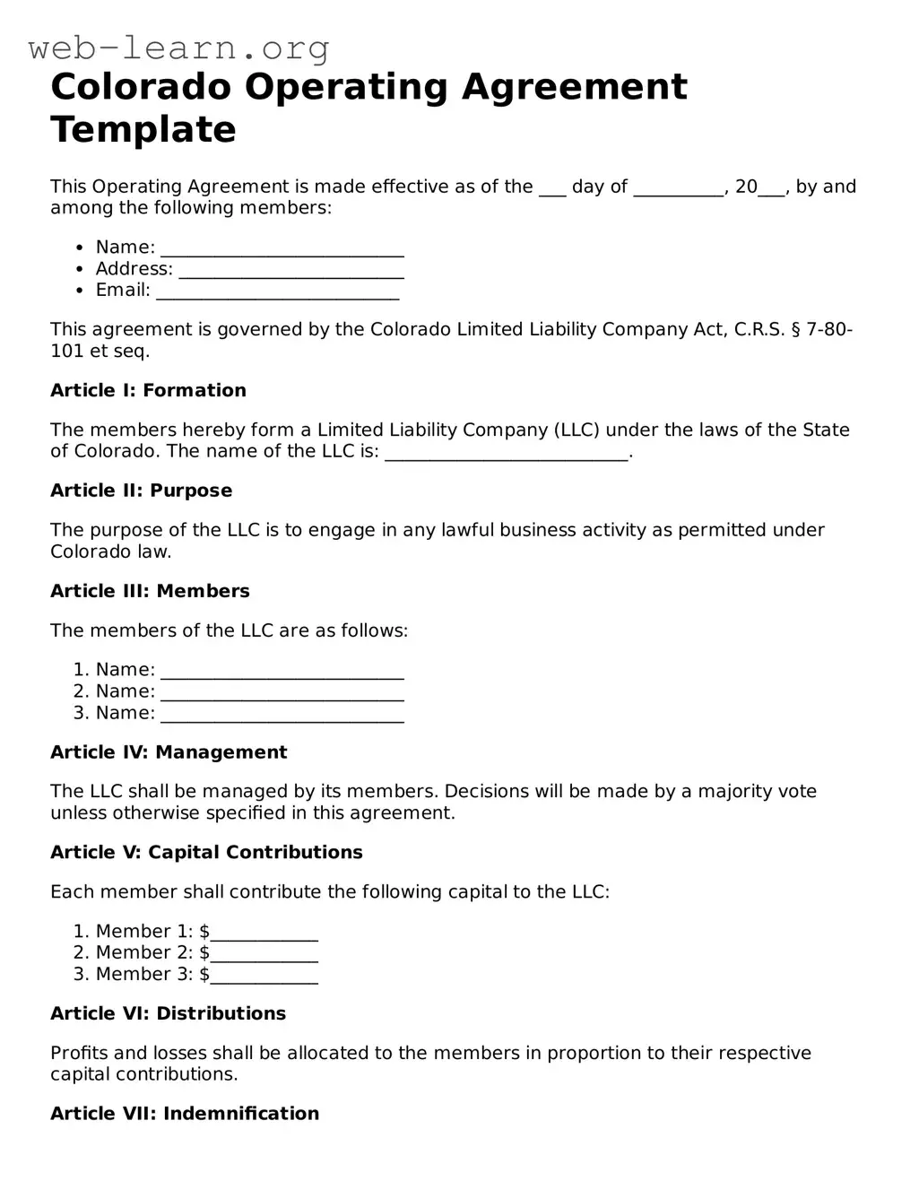 Attorney-Approved Operating Agreement Document for the State of Colorado
