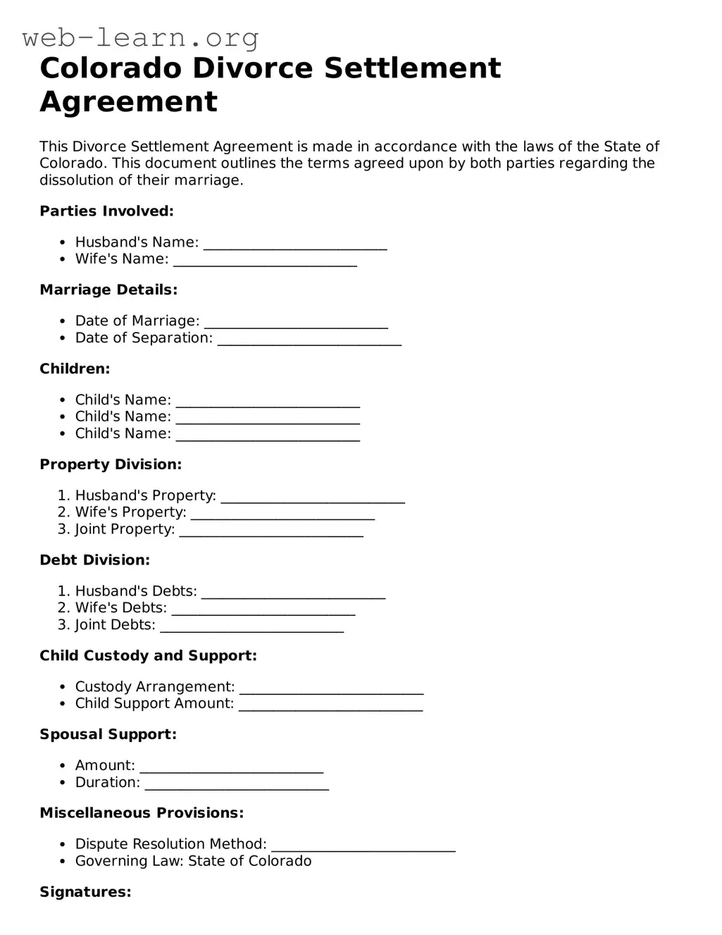 Attorney-Approved Divorce Settlement Agreement Document for the State of Colorado
