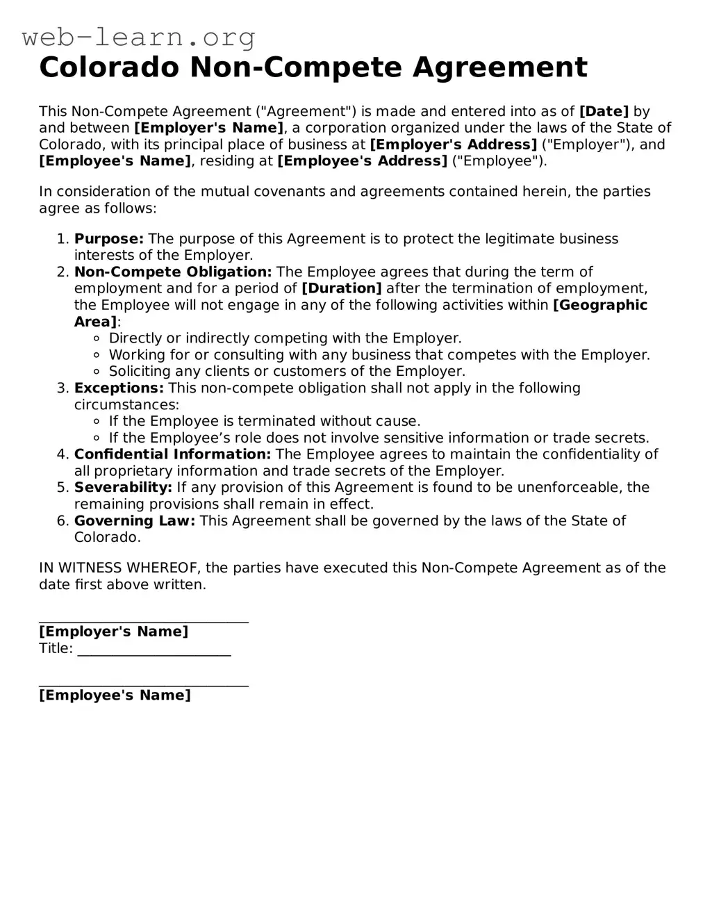 Attorney-Approved Non-compete Agreement Document for the State of Colorado