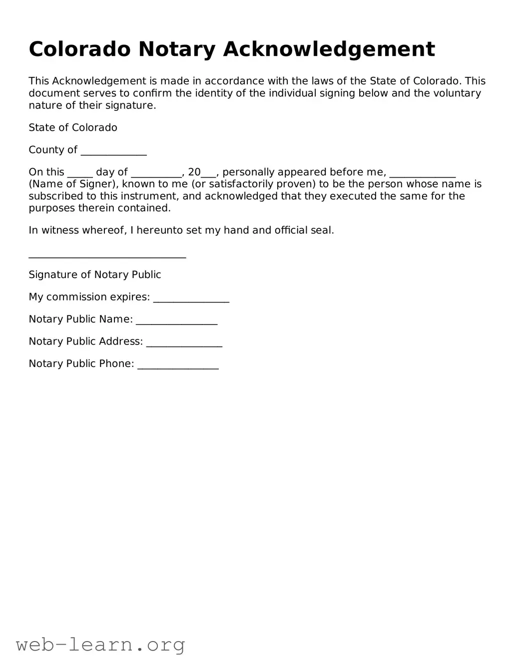 Attorney-Approved Notary Acknowledgement Document for the State of Colorado