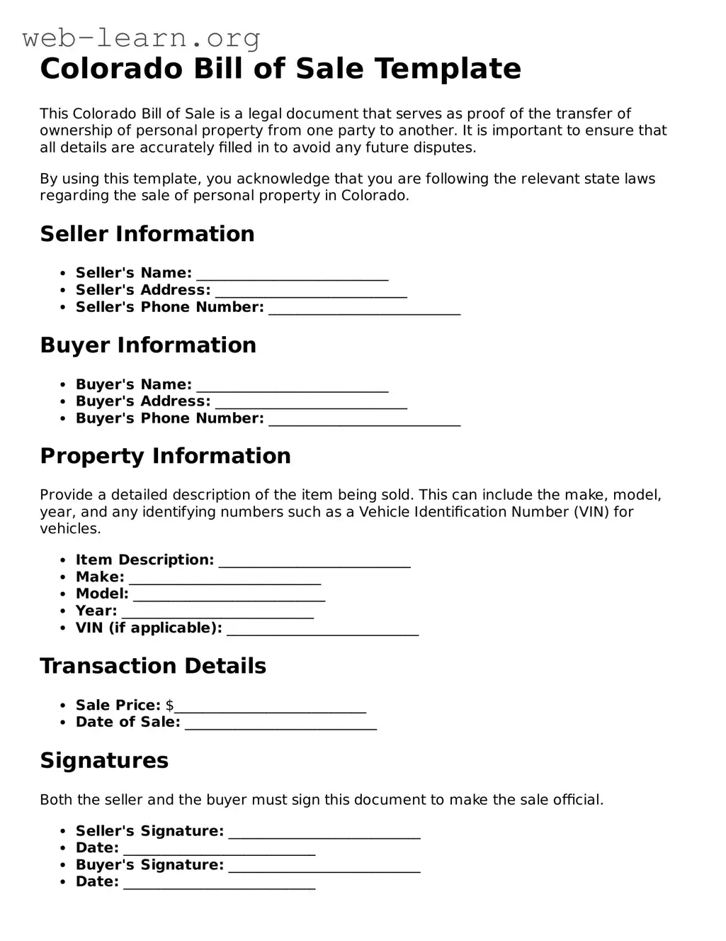 Attorney-Approved Bill of Sale Document for the State of Colorado