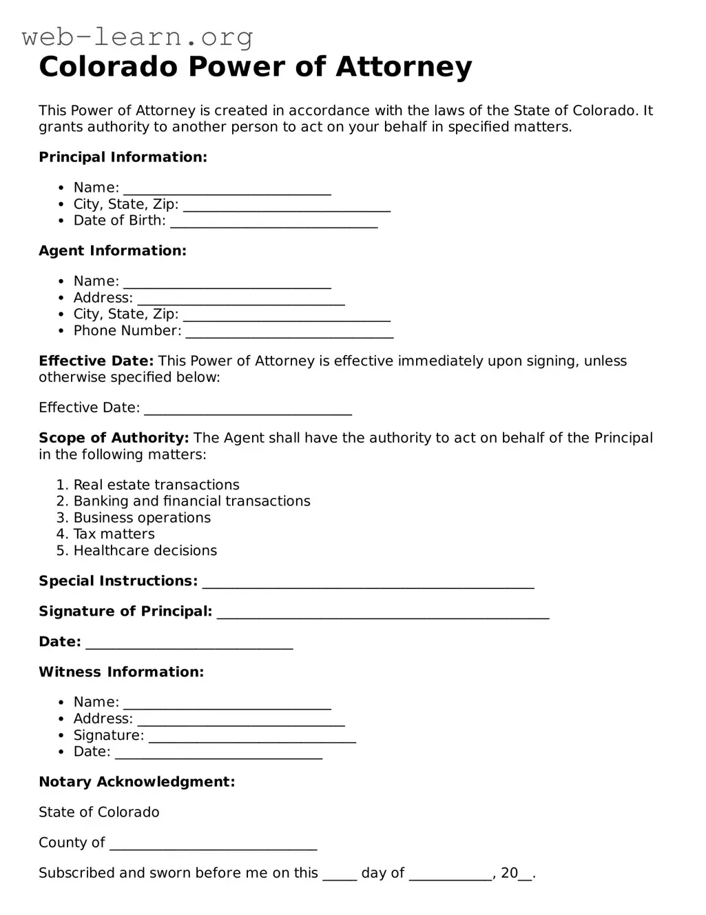 Attorney-Approved Power of Attorney Document for the State of Colorado