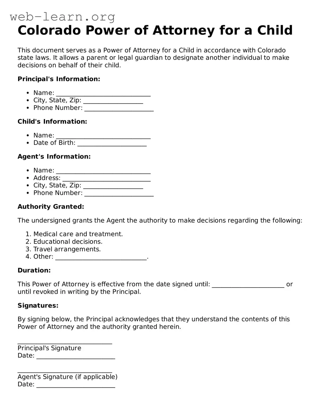 Attorney-Approved Power of Attorney for a Child Document for the State of Colorado