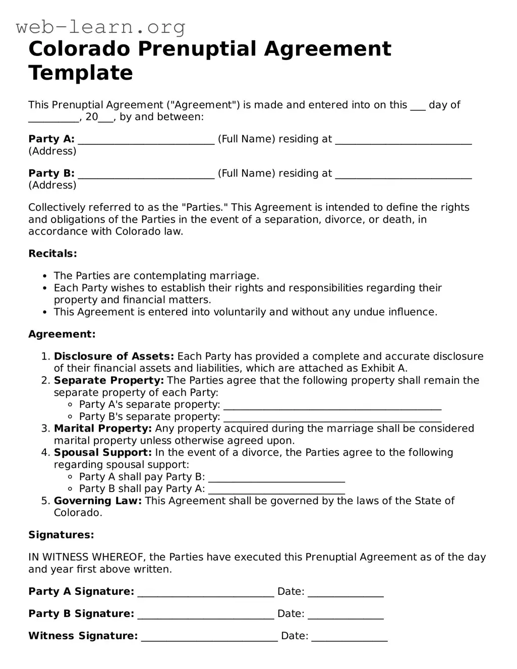 Attorney-Approved Prenuptial Agreement Document for the State of Colorado