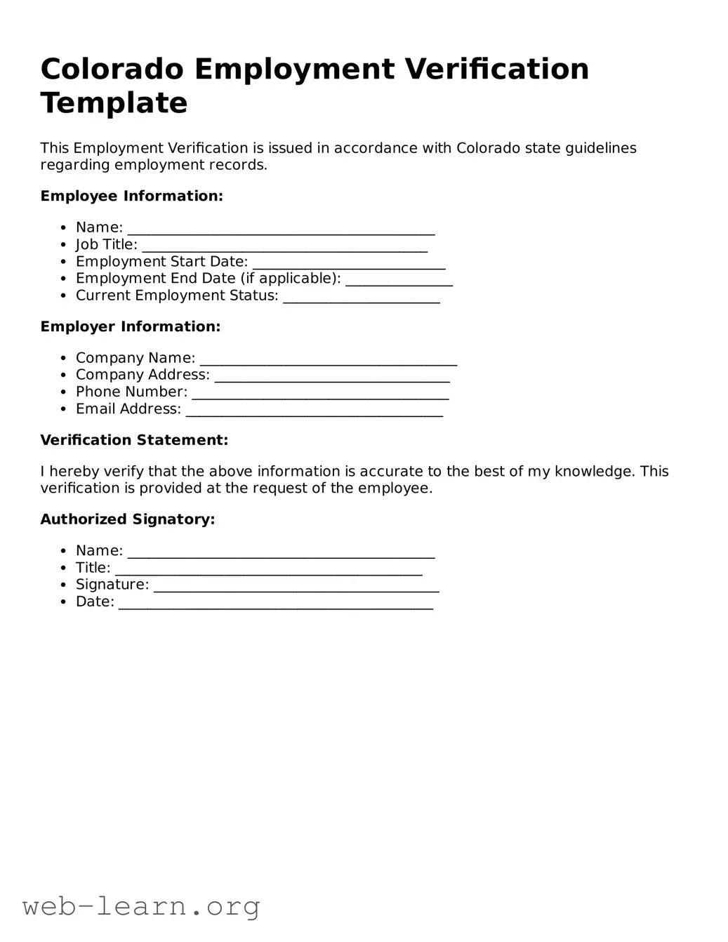 Attorney-Approved Employment Verification Document for the State of Colorado