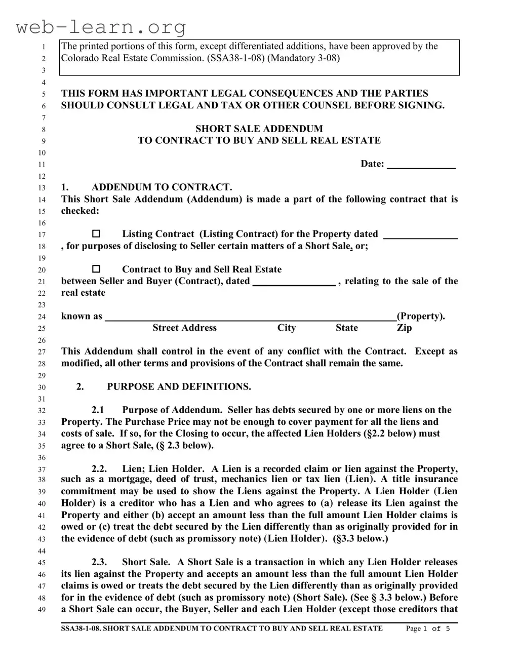 Blank Colorado Short Sale Addendum Form