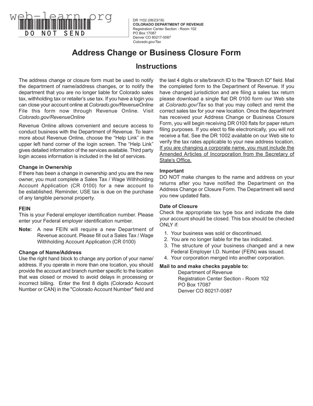 Blank Colorado Dr 1102 Form