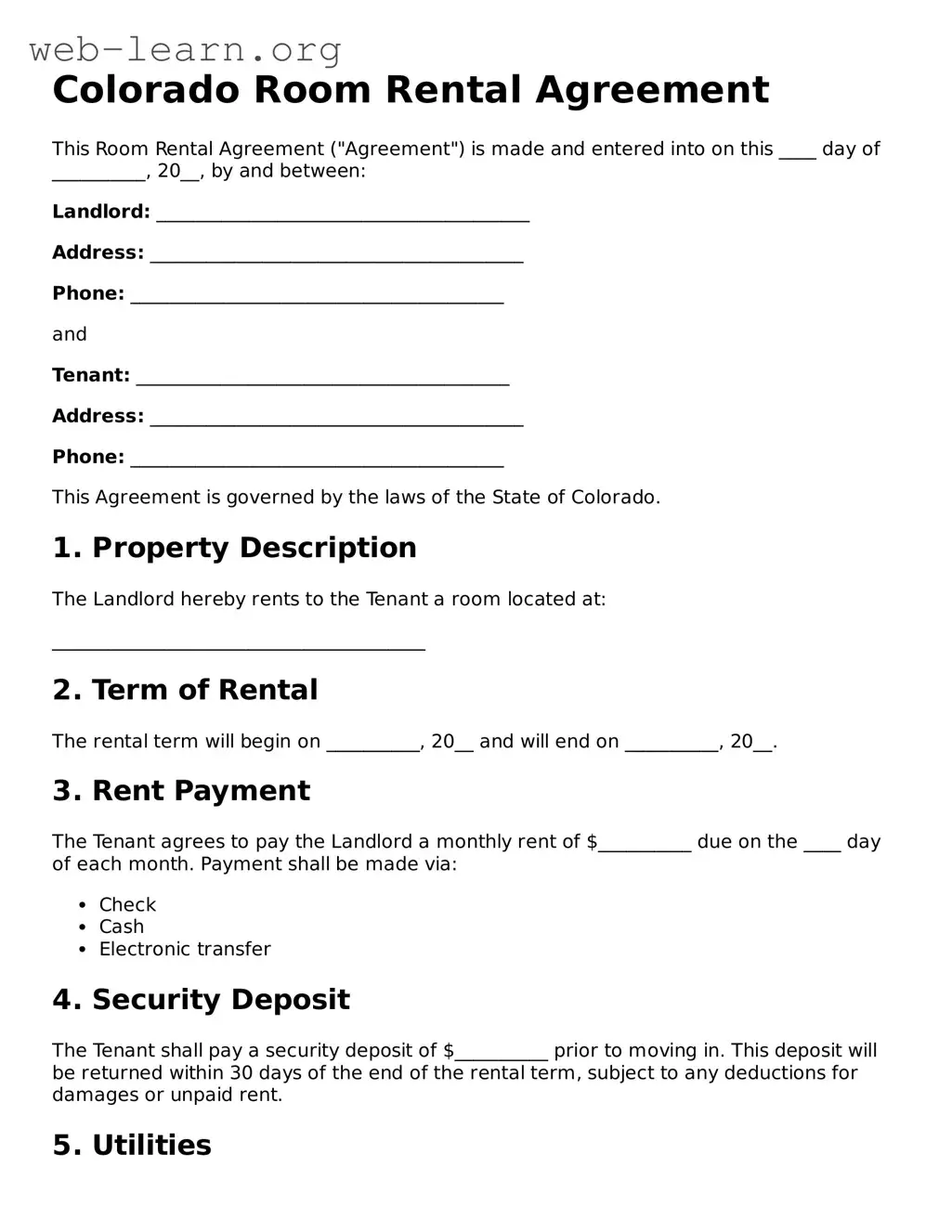 Attorney-Approved Room Rental Agreement Document for the State of Colorado