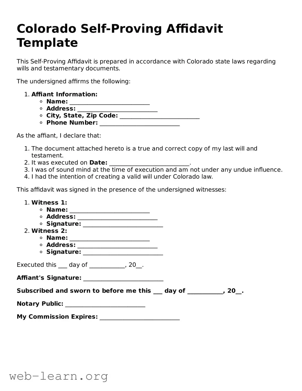 Attorney-Approved Self-Proving Affidavit Document for the State of Colorado