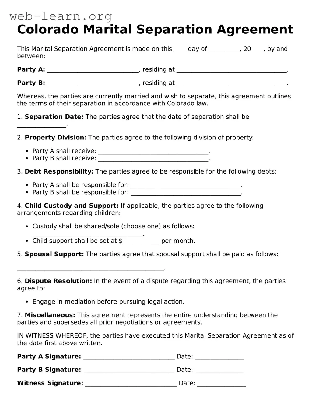 Attorney-Approved Marital Separation Agreement Document for the State of Colorado