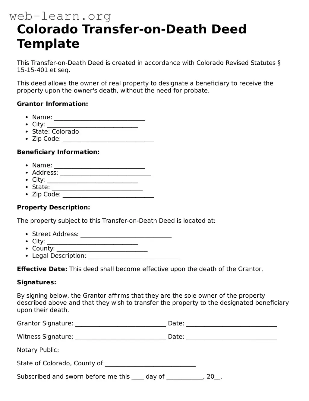 Attorney-Approved Transfer-on-Death Deed Document for the State of Colorado
