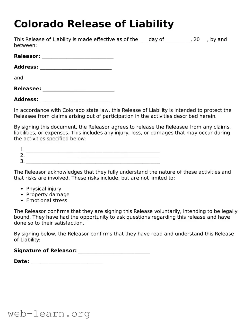 Attorney-Approved Release of Liability Document for the State of Colorado