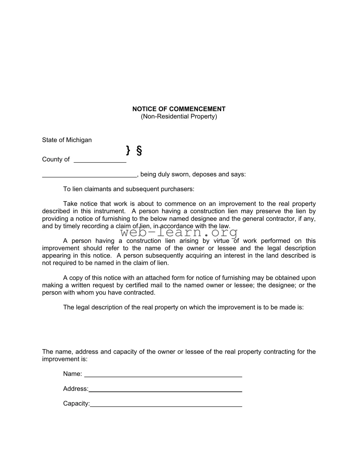 Blank Notice Commencement Michigan Form