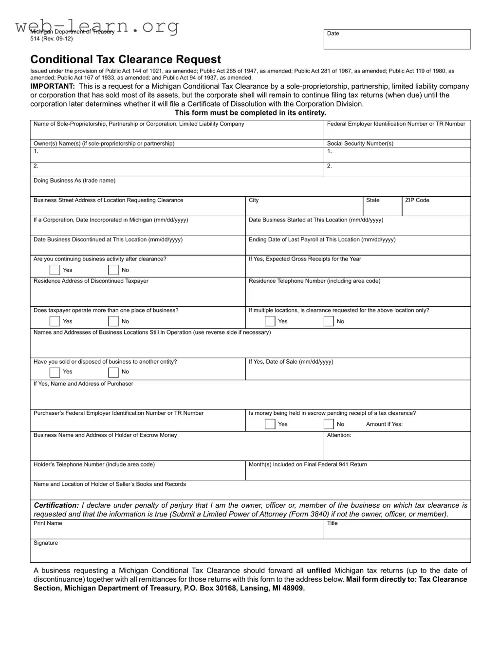 Blank Michigan 514 Form