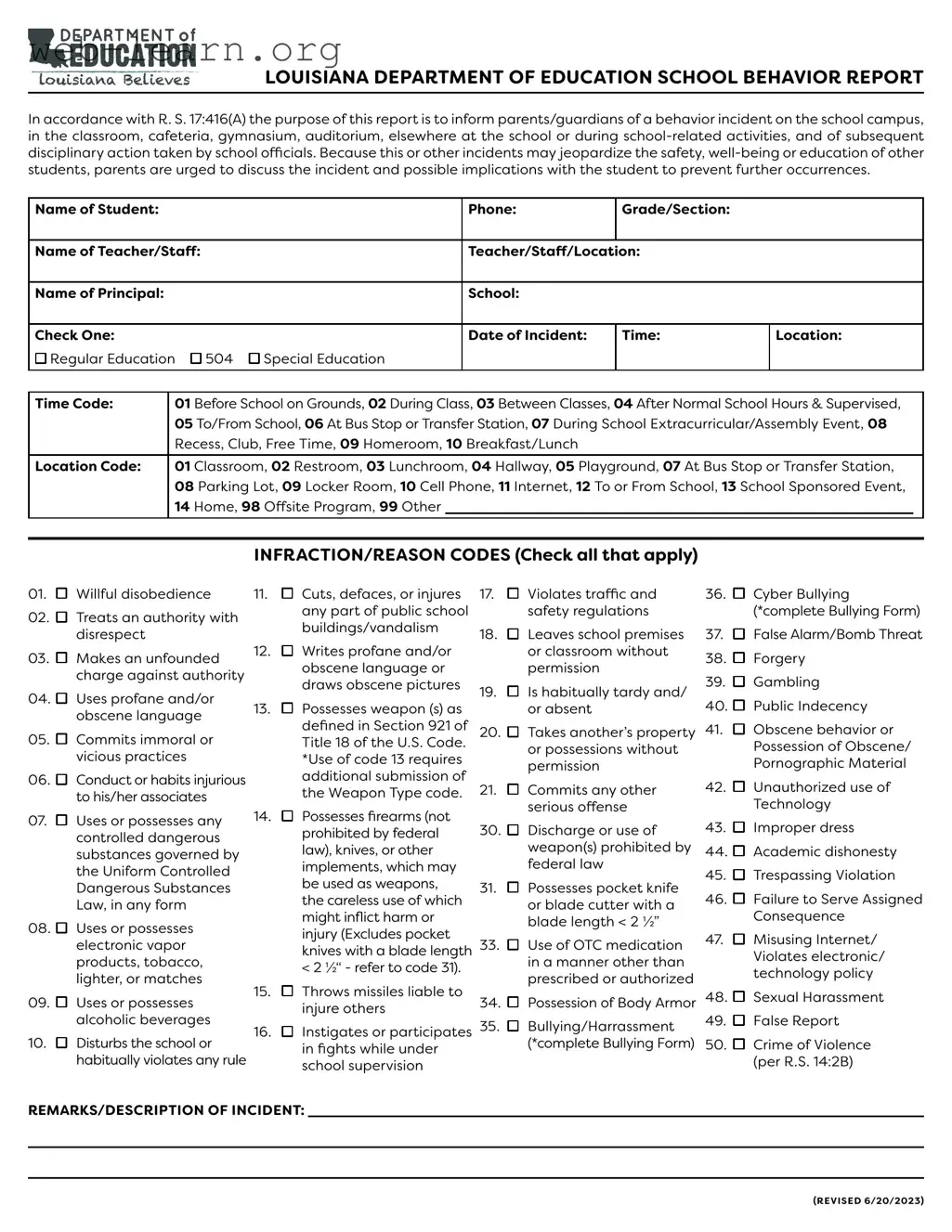 Blank Louisiana School Behavior Report Form