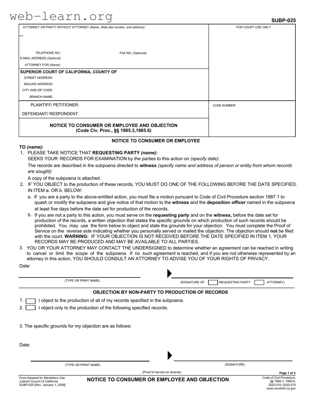 Blank California Notice Consumer Form