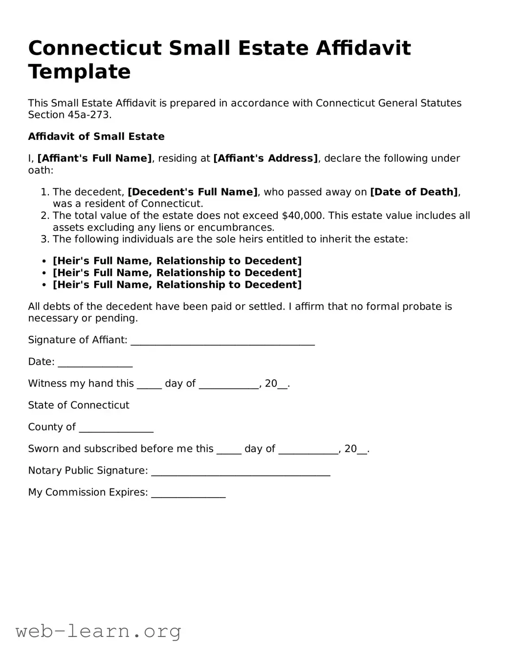Attorney-Approved Small Estate Affidavit Document for the State of Connecticut