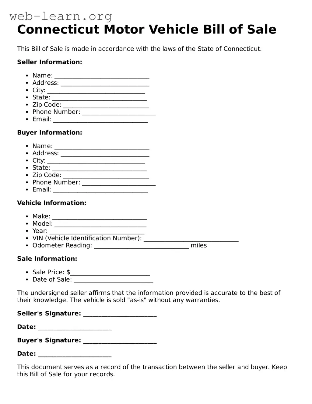 Attorney-Approved Motor Vehicle Bill of Sale Document for the State of Connecticut