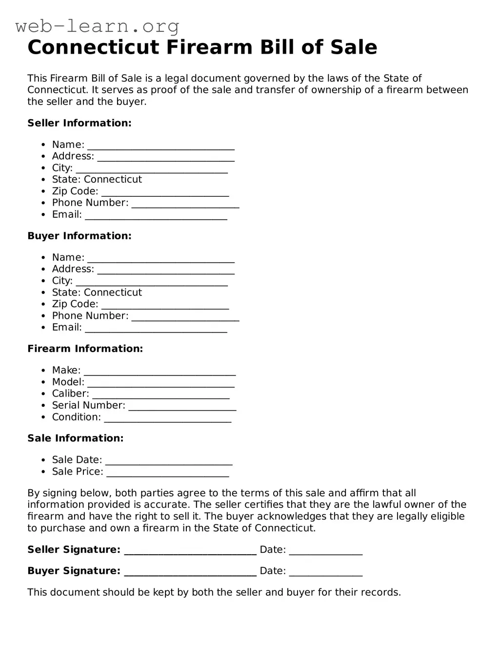 Attorney-Approved Firearm Bill of Sale Document for the State of Connecticut