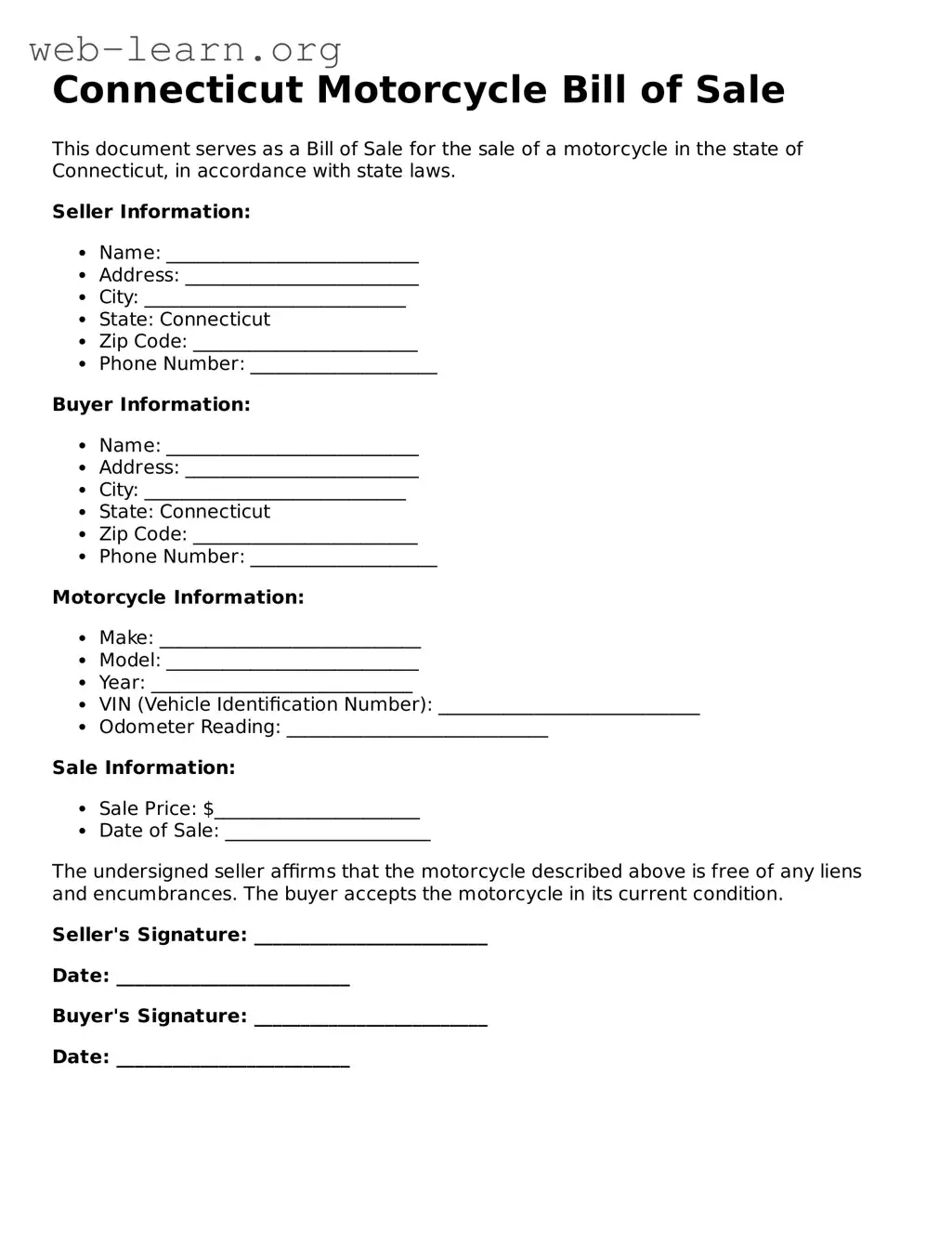 Attorney-Approved Motorcycle Bill of Sale Document for the State of Connecticut