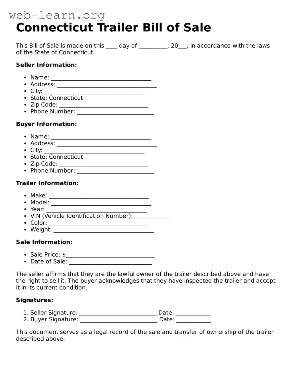 Attorney-Approved Trailer Bill of Sale Document for the State of Connecticut